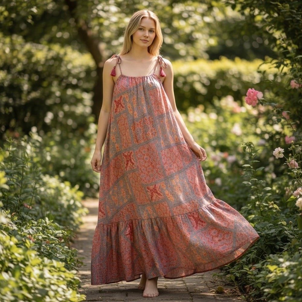 Mooi Endless Possibilities Boho Maxi Silk Blend Dress Tassel Tie Straps S/M NWT - Picture 1 of 11